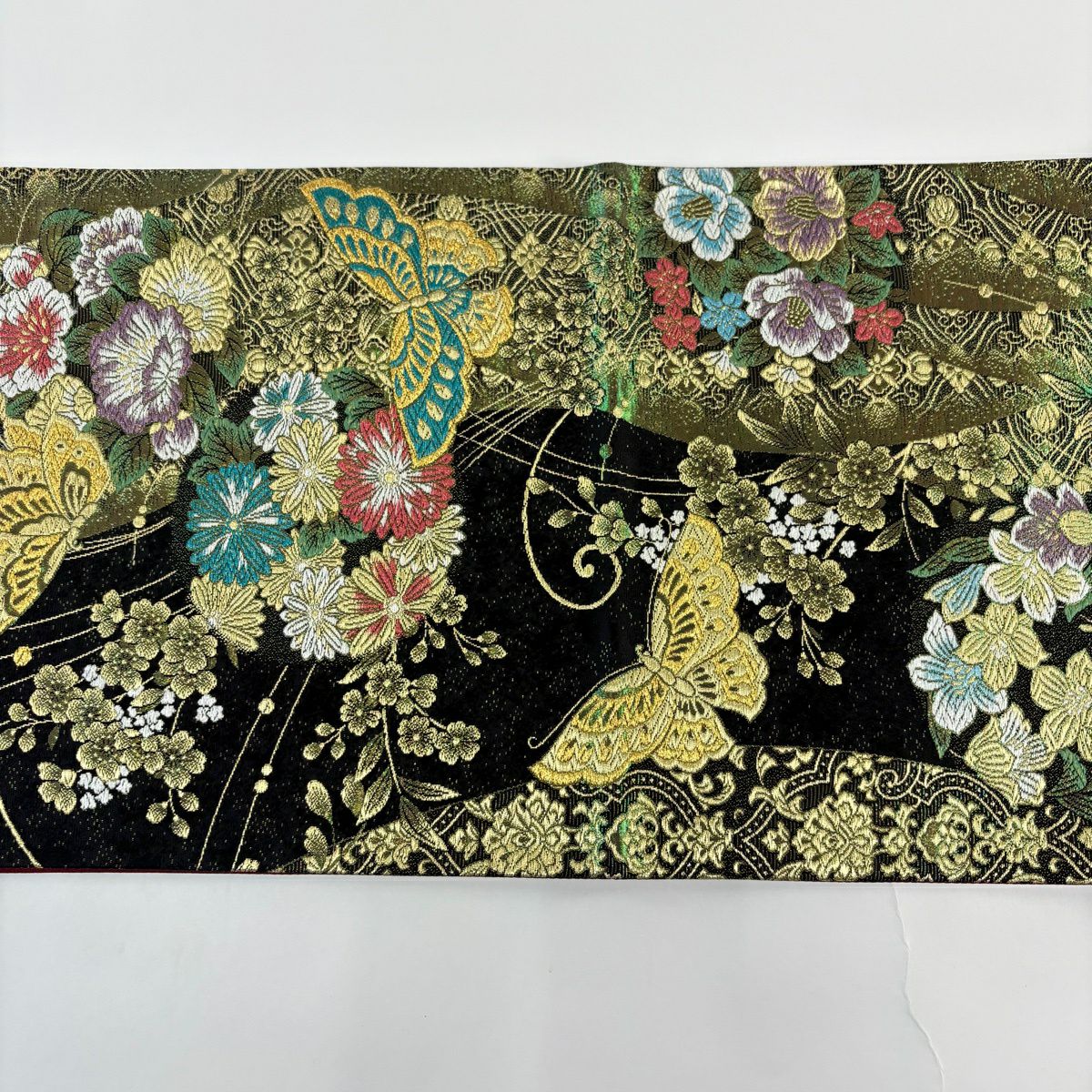 【美品】 袋帶 秀品級 振袖禮服禮服用 花丸紋 蝴蝶 金絲 金金箔 黑 六通 純蠶絲