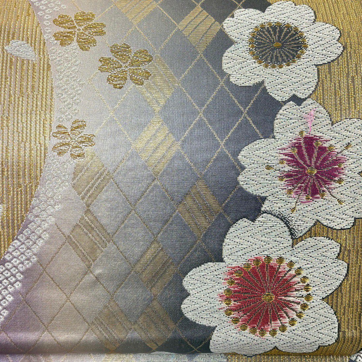 袋帶 秀品級 樱花花瓣 金絲 金金箔 淺紫 六通 純蠶絲