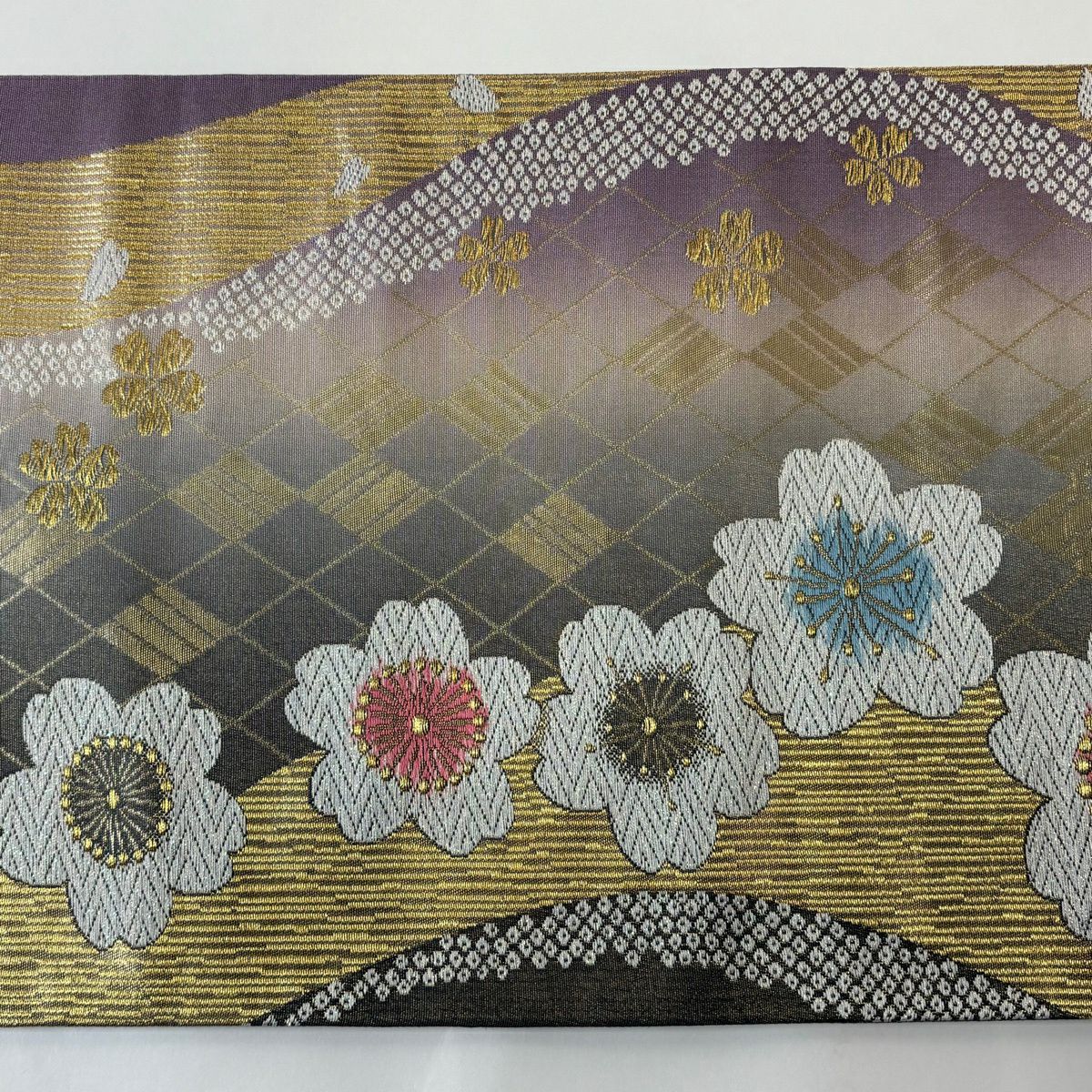 袋帶 秀品級 樱花花瓣 金絲 金金箔 淺紫 六通 純蠶絲