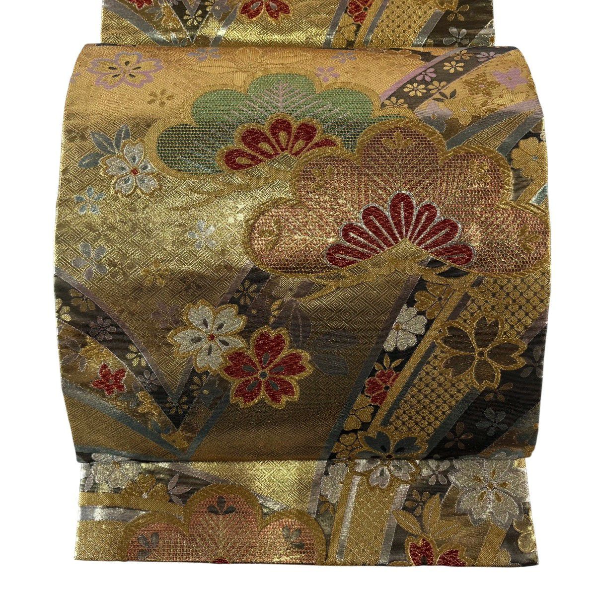 【美品】 袋帶 秀品級 笠松樹 櫻花 金金箔 金色 六通 純蠶絲