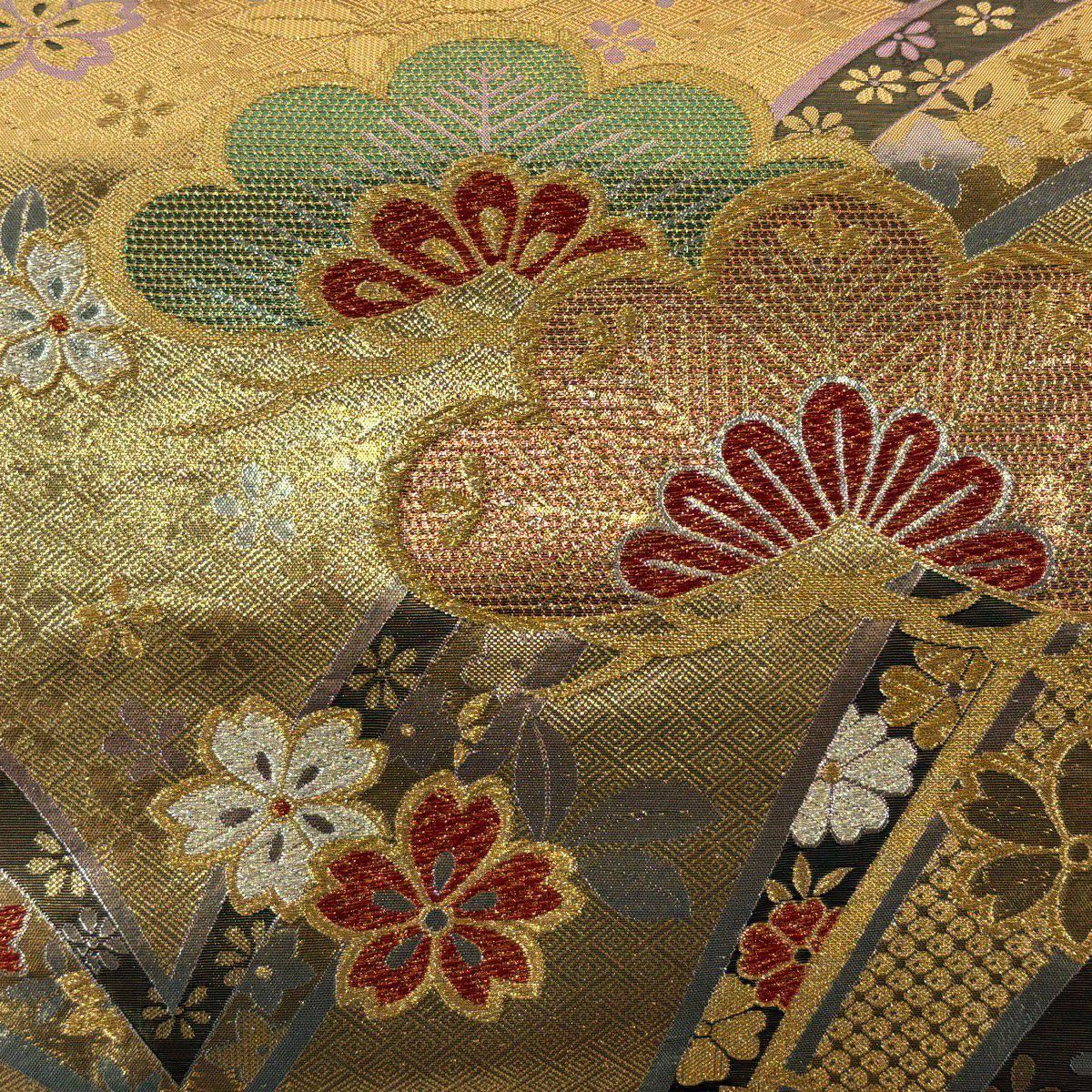 【美品】 袋帶 秀品級 笠松樹 櫻花 金金箔 金色 六通 純蠶絲
