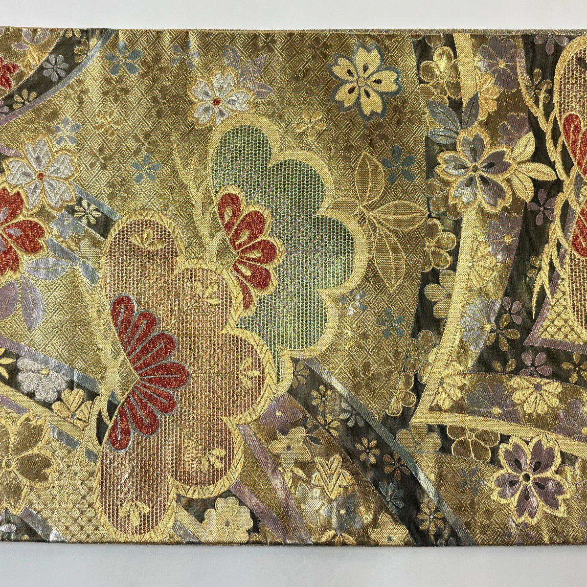 【美品】 袋帶 秀品級 笠松樹 櫻花 金金箔 金色 六通 純蠶絲