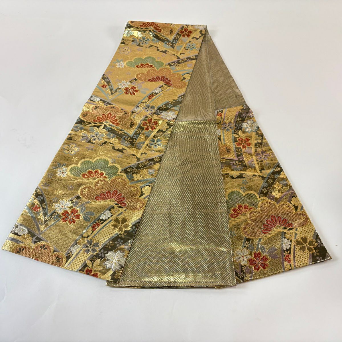 【美品】 袋帶 秀品級 笠松樹 櫻花 金金箔 金色 六通 純蠶絲