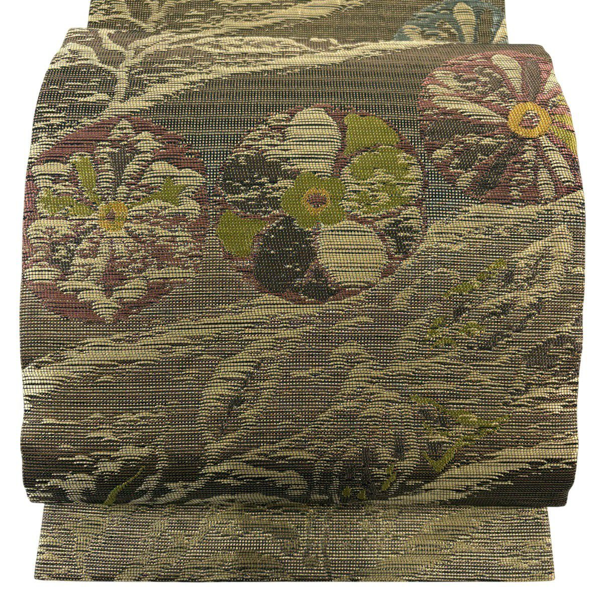 【美品】 袋帶 秀品級 草花紋 金糸 金金箔 茶綠 お太鼓圖案 純蠶絲