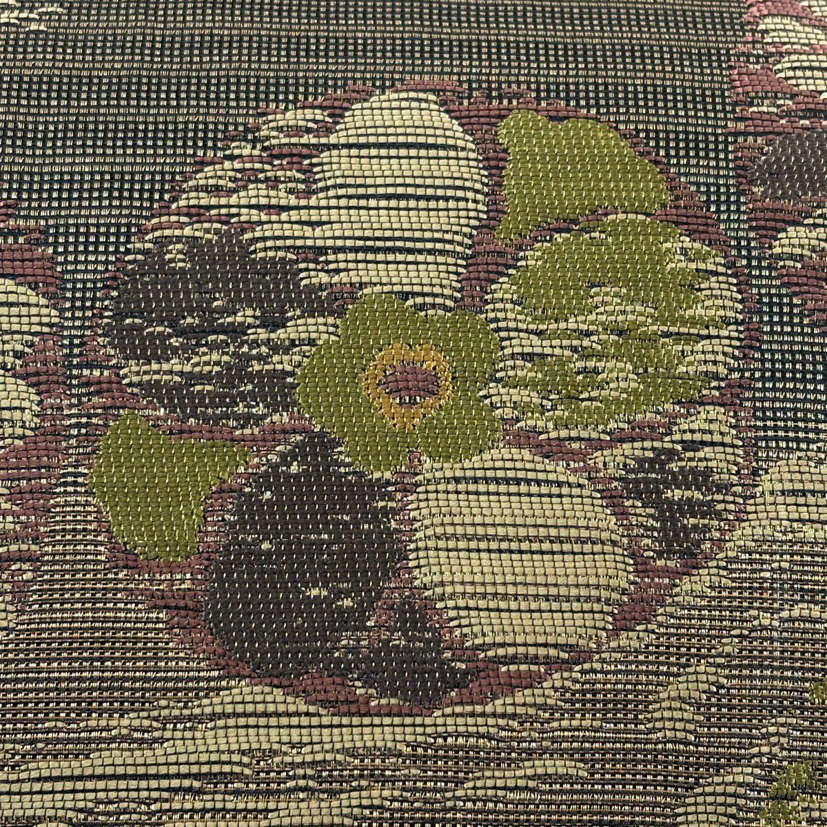 【美品】 袋帶 秀品級 草花紋 金糸 金金箔 茶綠 お太鼓圖案 純蠶絲