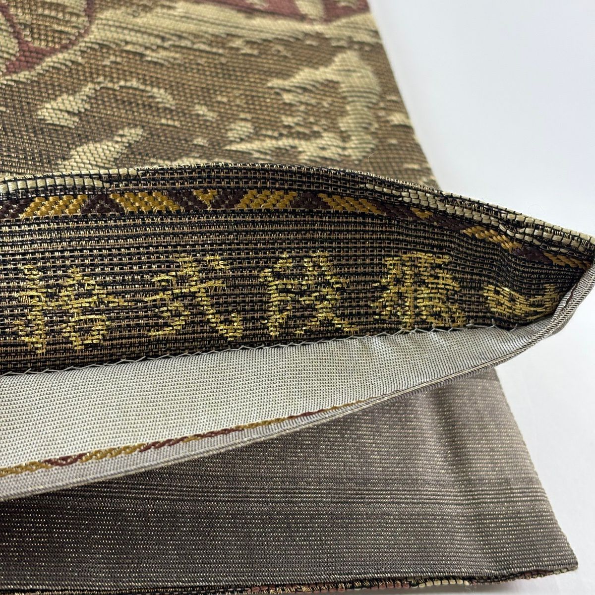 【美品】 袋帶 秀品級 草花紋 金糸 金金箔 茶綠 お太鼓圖案 純蠶絲