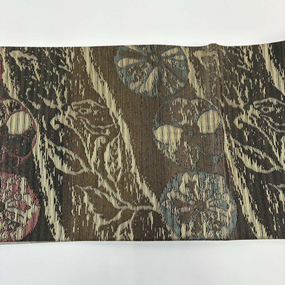 【美品】 袋帶 秀品級 草花紋 金糸 金金箔 茶綠 お太鼓圖案 純蠶絲