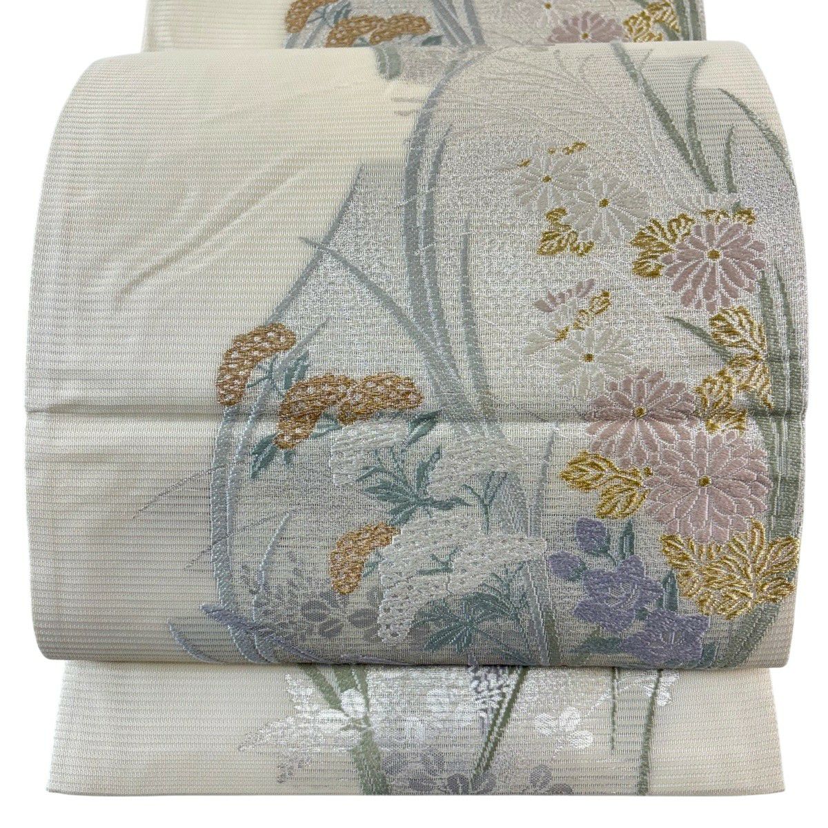 【美品】 袋帶 秀品級 菊花 桔梗 金絲 金金箔 奶油 六通 純蠶絲
