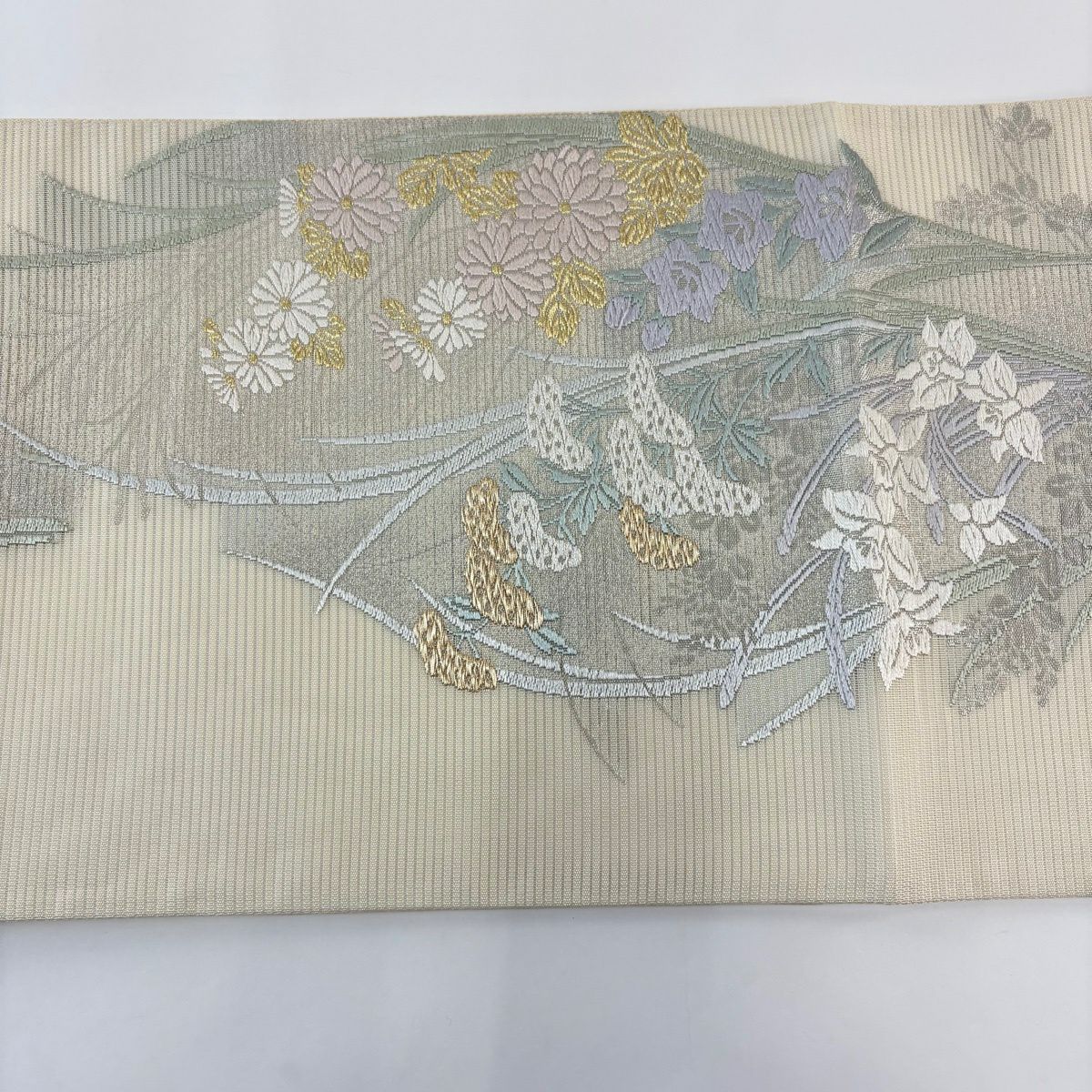 【美品】 袋帶 秀品級 菊花 桔梗 金絲 金金箔 奶油 六通 純蠶絲