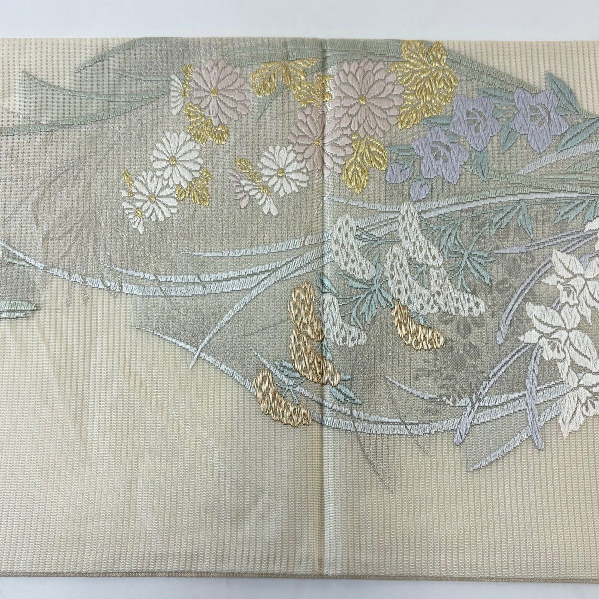 【美品】 袋帶 秀品級 菊花 桔梗 金絲 金金箔 奶油 六通 純蠶絲