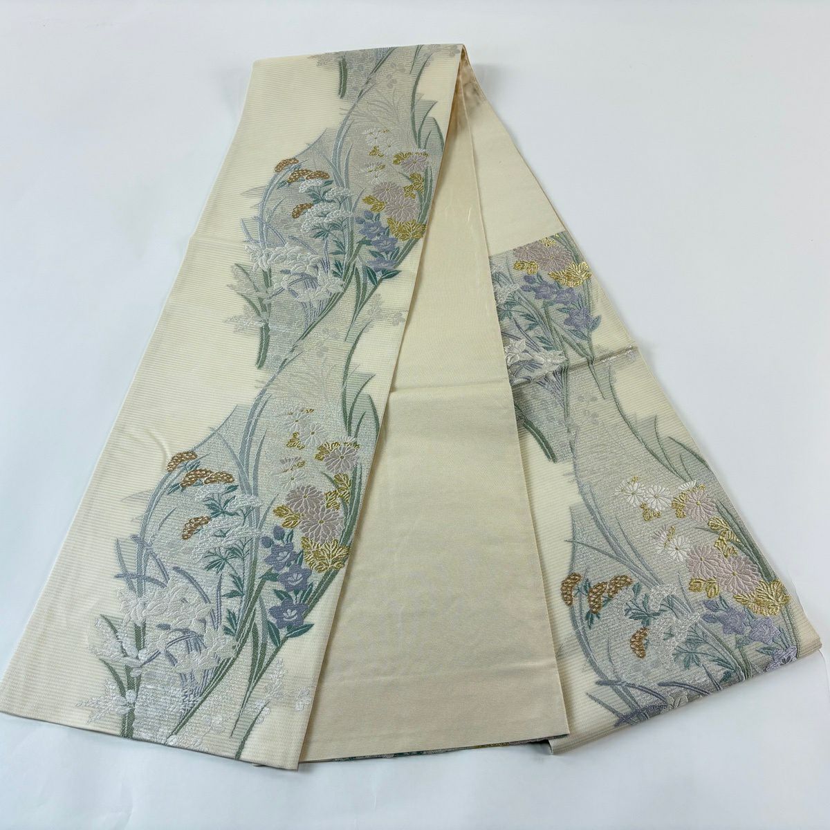 【美品】 袋帶 秀品級 菊花 桔梗 金絲 金金箔 奶油 六通 純蠶絲