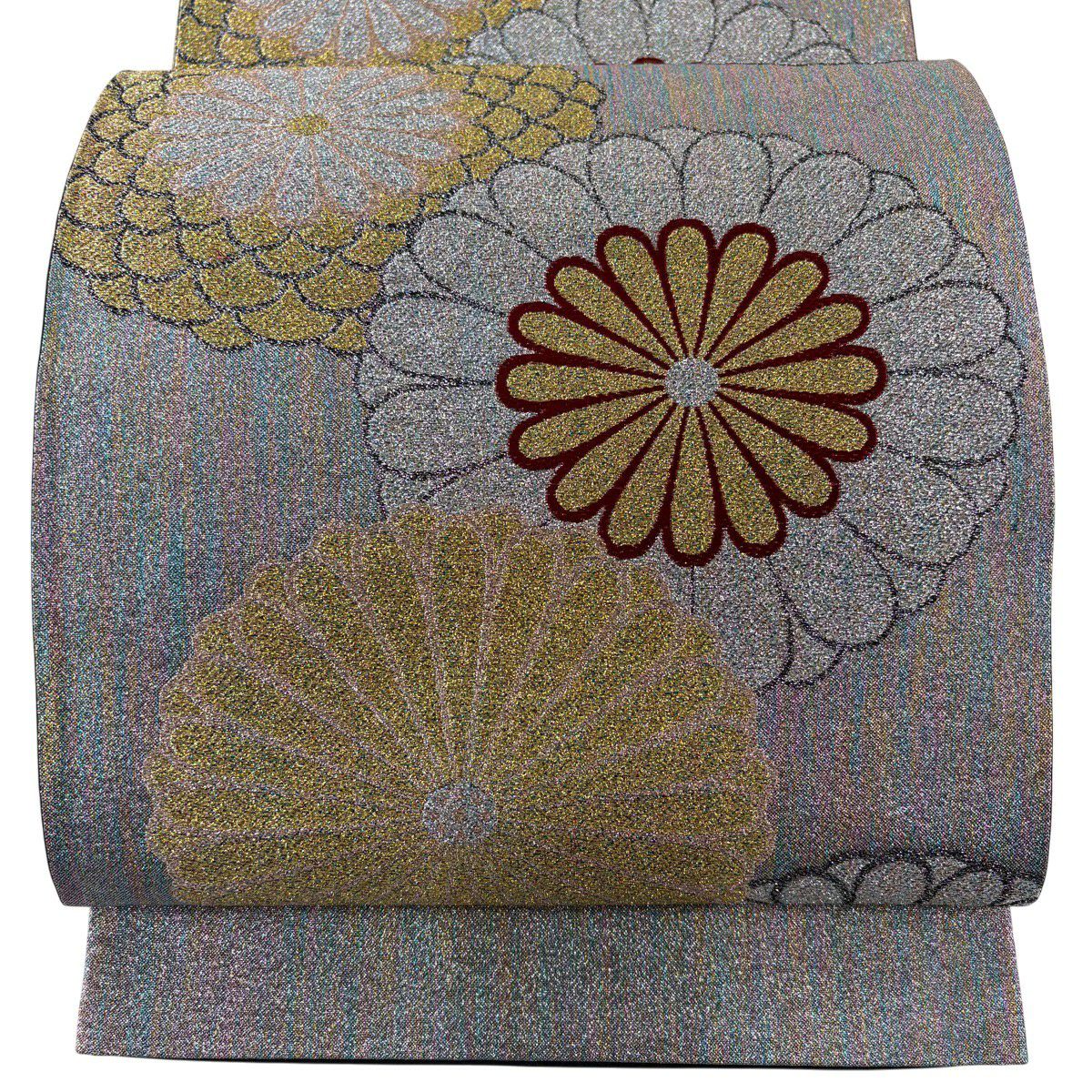 【美品】 袋帶 秀品級 證書齊全 菊花花 金金箔 銀色 六通 純蠶絲