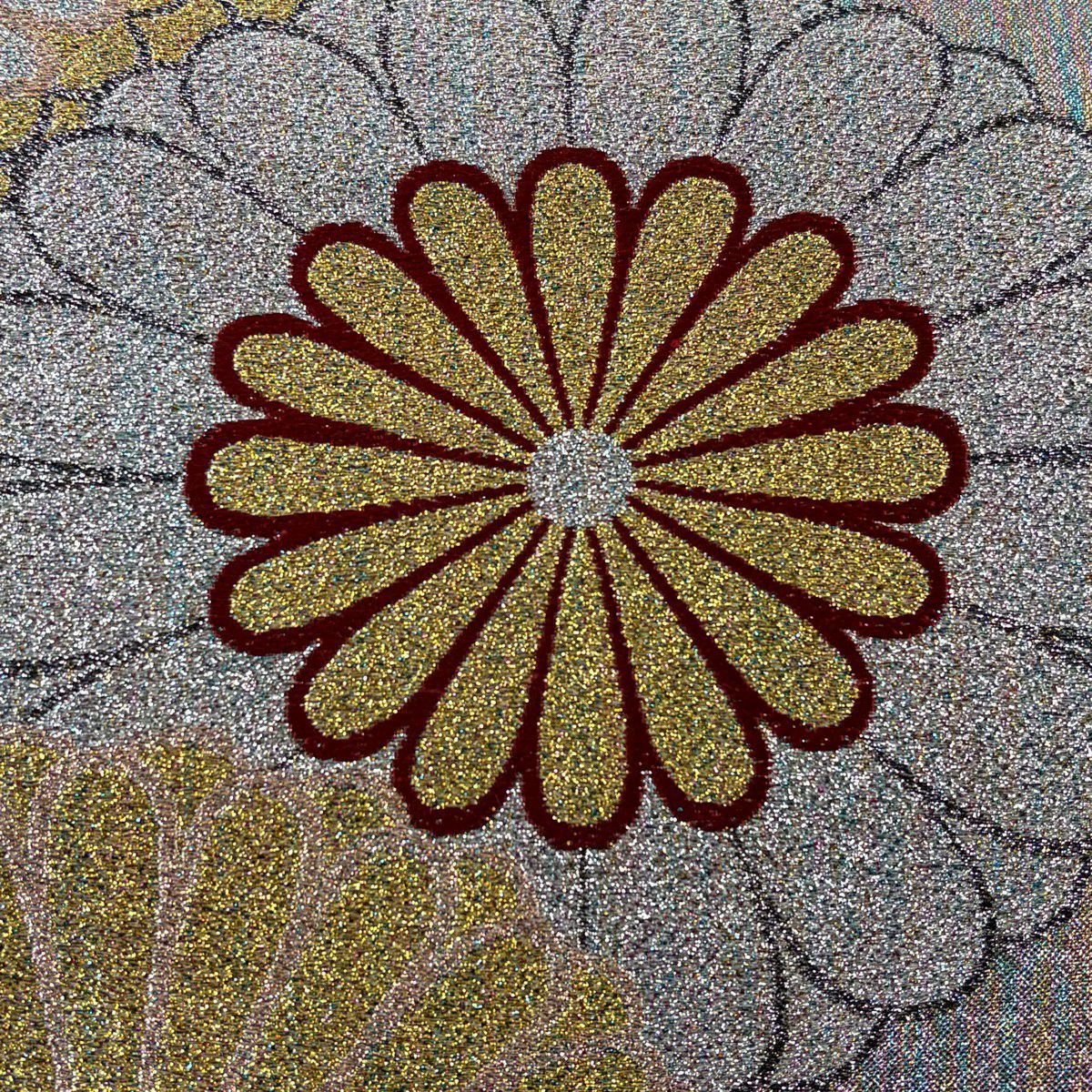【美品】 袋帶 秀品級 證書齊全 菊花花 金金箔 銀色 六通 純蠶絲