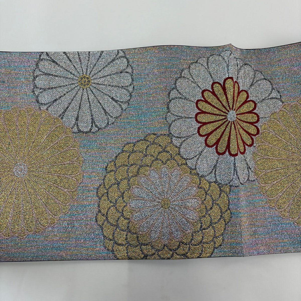 【美品】 袋帶 秀品級 證書齊全 菊花花 金金箔 銀色 六通 純蠶絲
