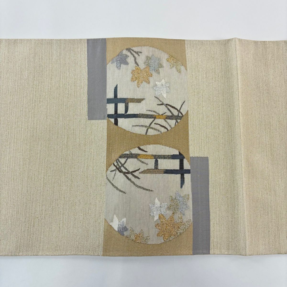 【美品】 袋帶 秀品級 楓 霞 金銀彩 米色 大鼓圖案 純蠶絲