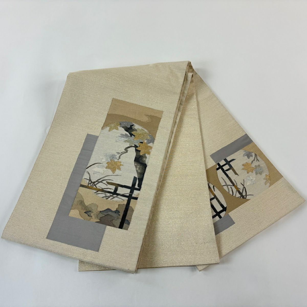 【美品】 袋帶 秀品級 楓 霞 金銀彩 米色 大鼓圖案 純蠶絲