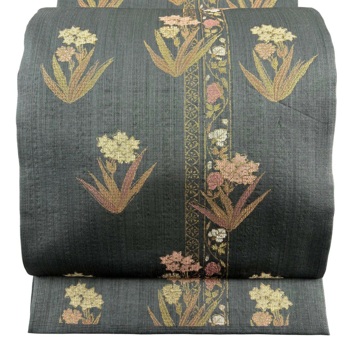 【美品】 袋帶 秀品級 草花紋紋 金金箔 灰綠 六通 純蠶絲