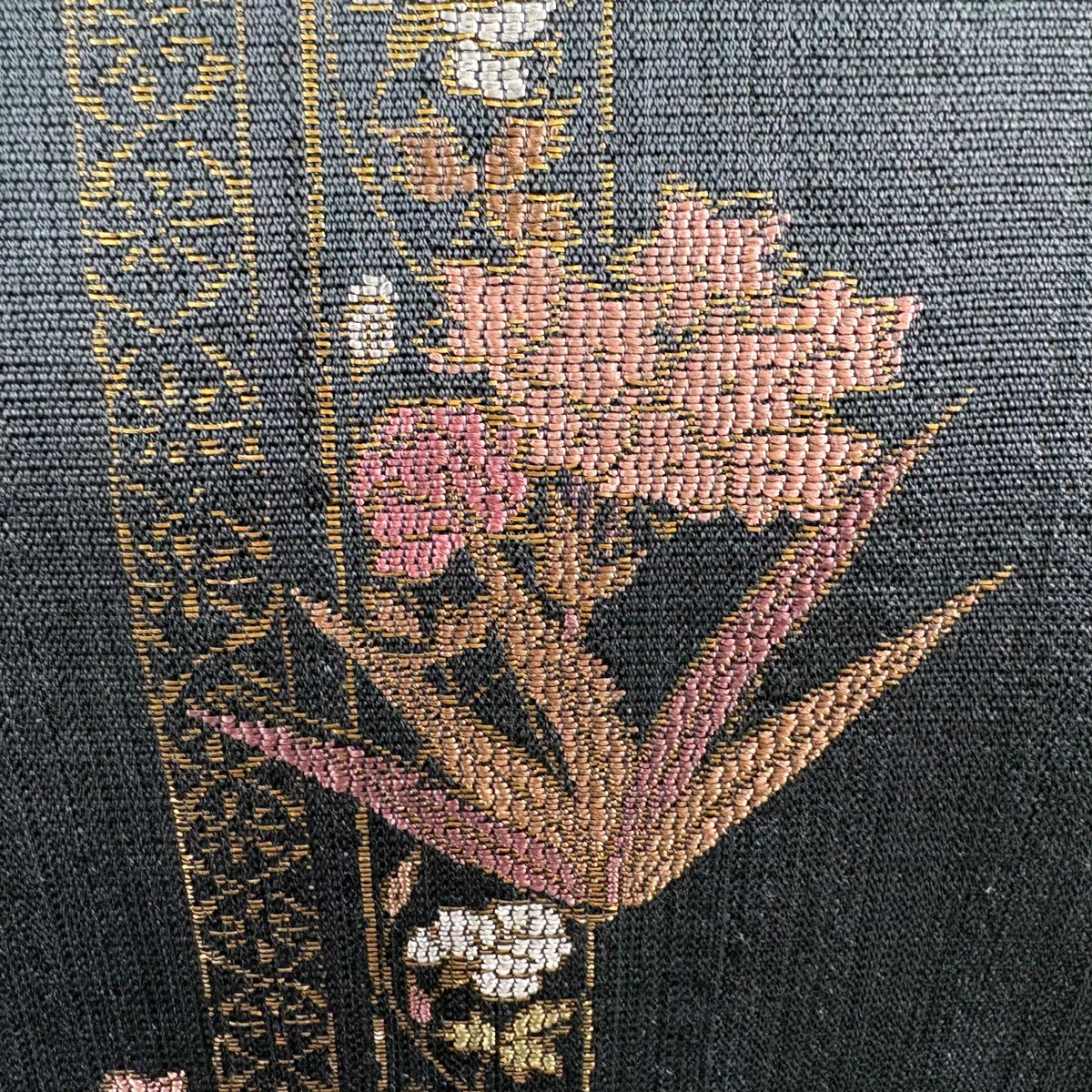 【美品】 袋帶 秀品級 草花紋紋 金金箔 灰綠 六通 純蠶絲