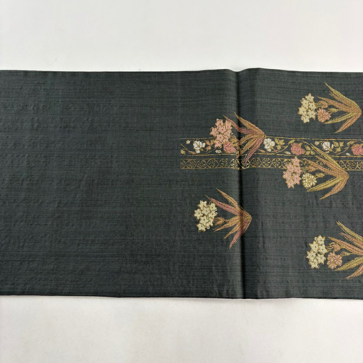 【美品】 袋帶 秀品級 草花紋紋 金金箔 灰綠 六通 純蠶絲