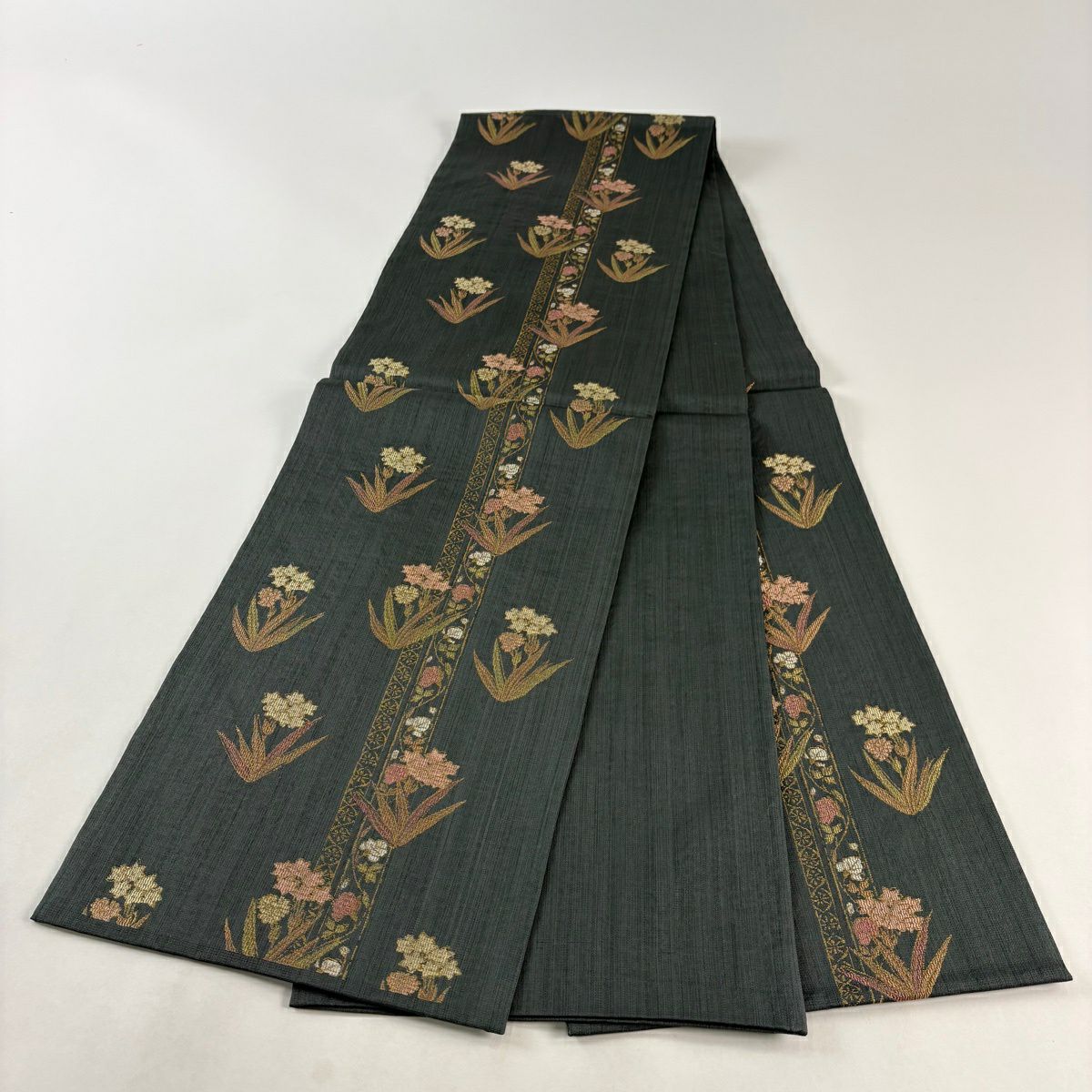 【美品】 袋帶 秀品級 草花紋紋 金金箔 灰綠 六通 純蠶絲