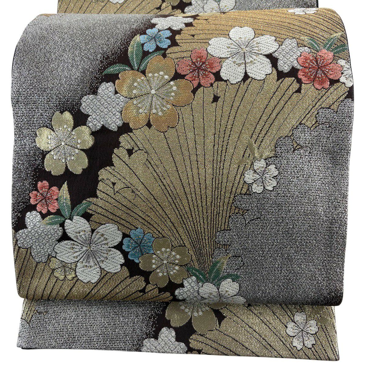 【美品】 袋帶 秀品級 振袖禮服禮服用 櫻花 輪廓 金金箔 金絲 茶 六通 純蠶絲