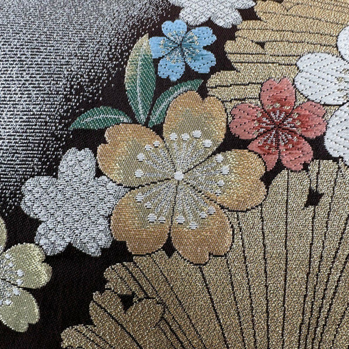 【美品】 袋帶 秀品級 振袖禮服禮服用 櫻花 輪廓 金金箔 金絲 茶 六通 純蠶絲