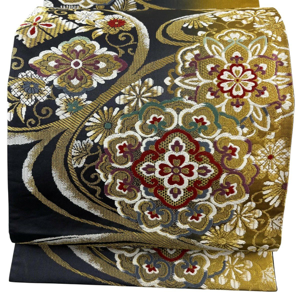 【美品】 袋帶 秀品級 振袖禮服禮服用 華紋 花唐草紋 金絲 墨色 六通 純蠶絲