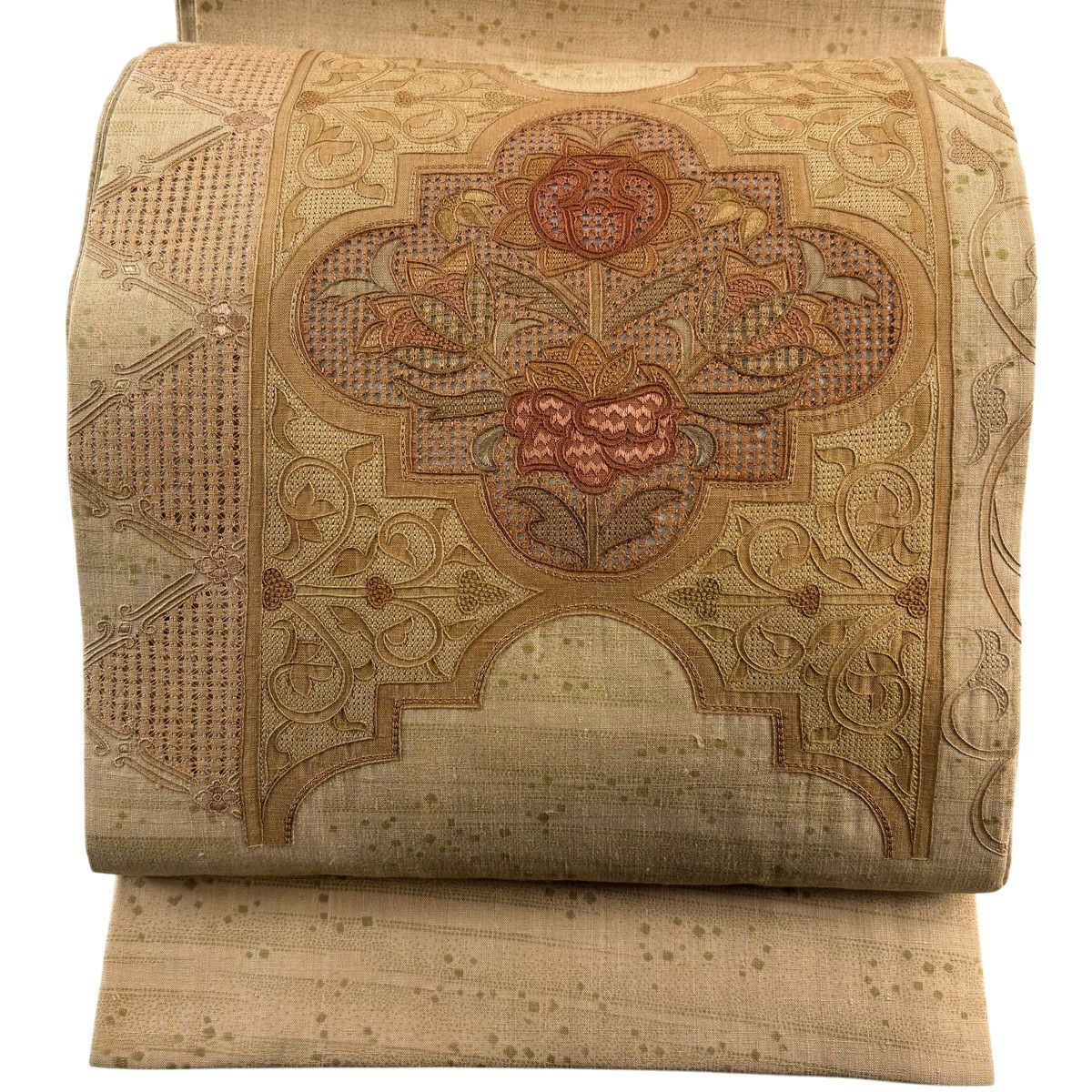 【美品】 袋帶 秀品級 紬織織 草花紋紋 唐草紋刺繡 薄茶 金銀彩 正蠶絲