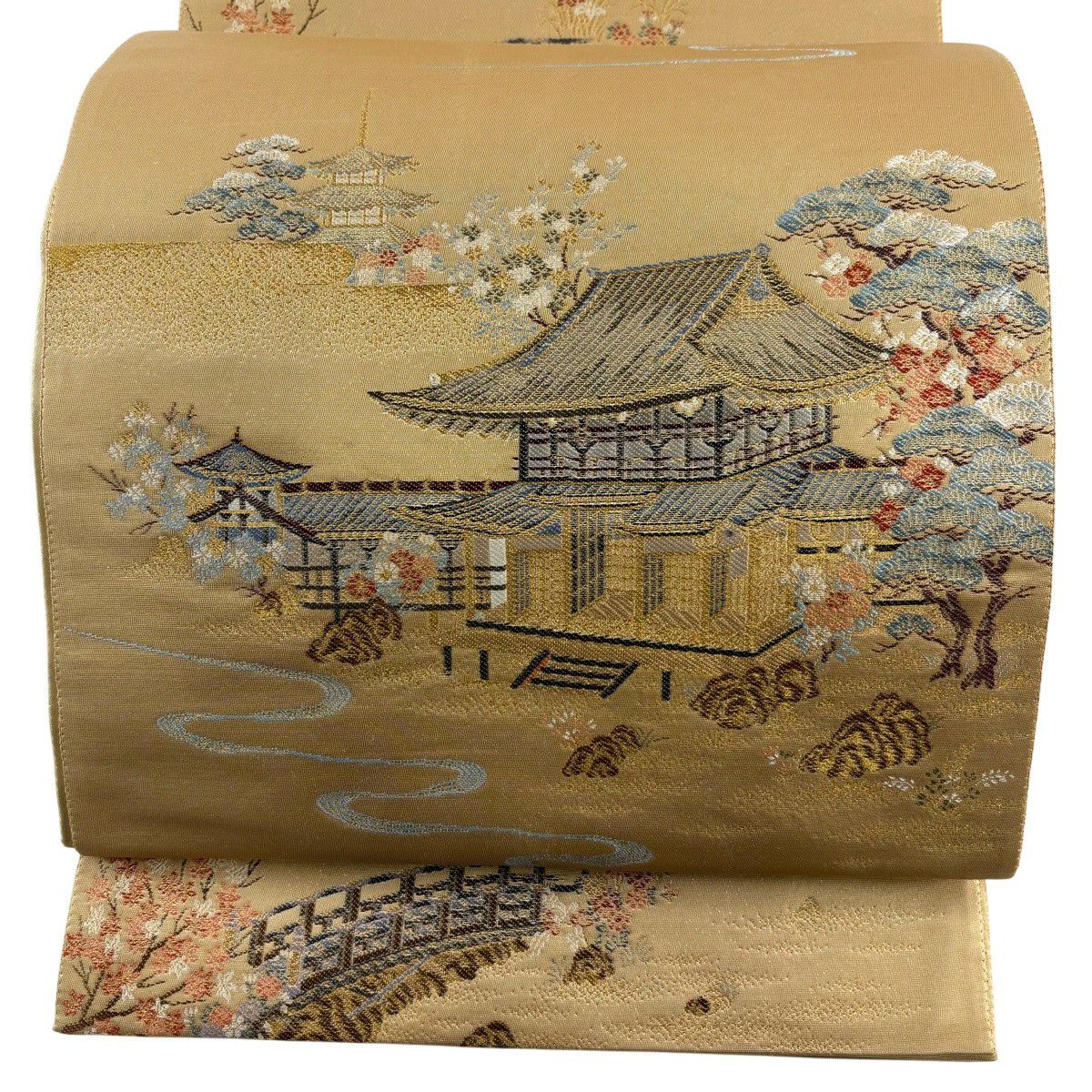 【美品】 袋帶 秀品級 平等院京之里 建築 樹木 金絲 米色 六通 純蠶絲