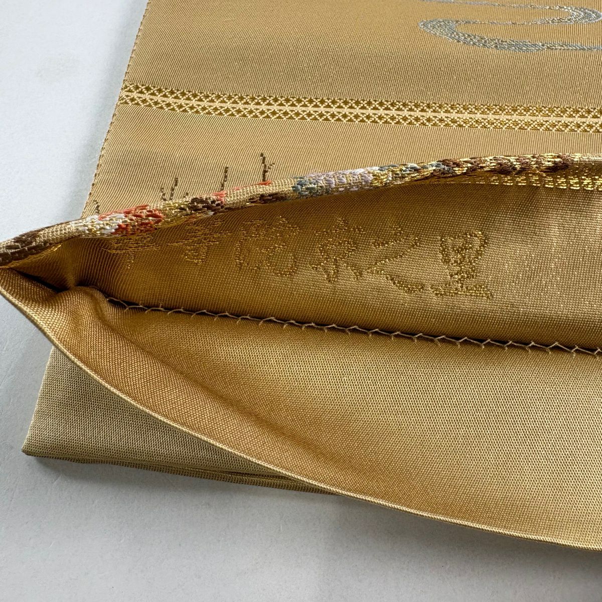 【美品】 袋帶 秀品級 平等院京之里 建築 樹木 金絲 米色 六通 純蠶絲