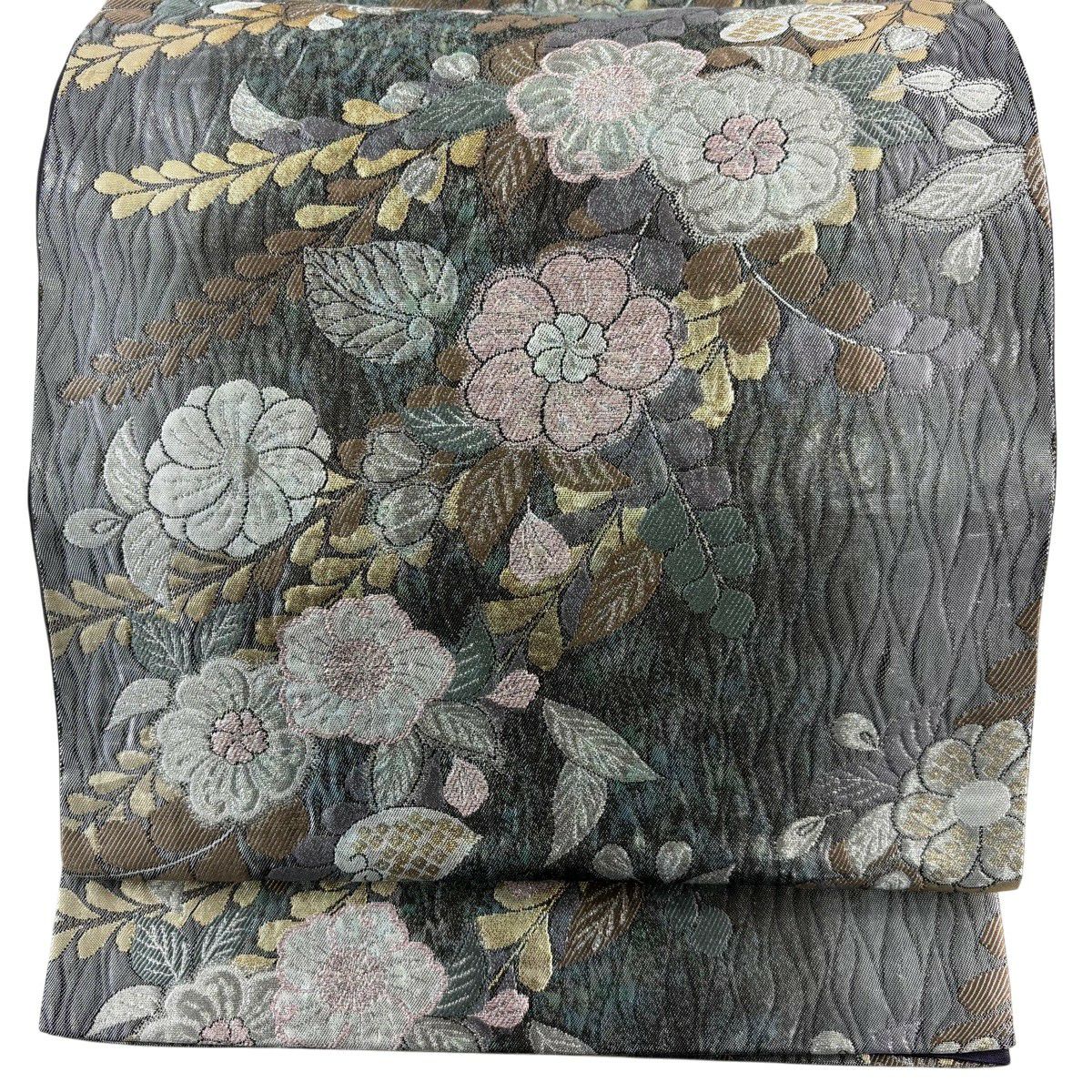 【美品】 袋帶 秀品級 草花紋 金銀彩 金金箔 灰 深藍 六通 純蠶絲