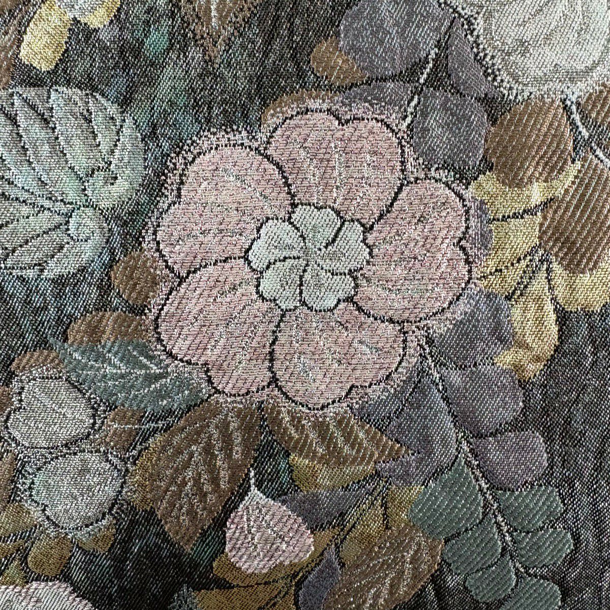 【美品】 袋帶 秀品級 草花紋 金銀彩 金金箔 灰 深藍 六通 純蠶絲