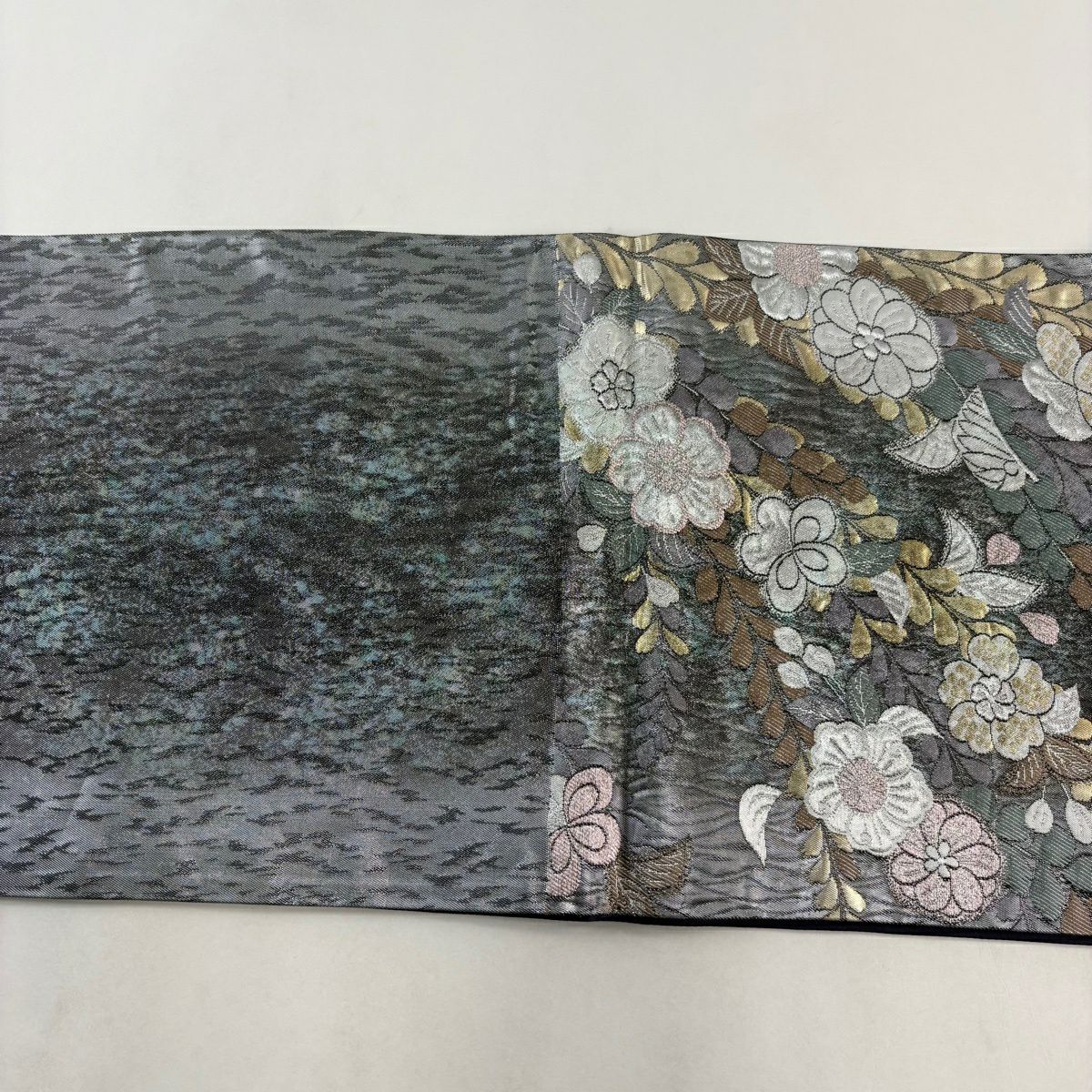 【美品】 袋帶 秀品級 草花紋 金銀彩 金金箔 灰 深藍 六通 純蠶絲