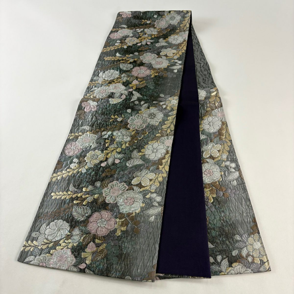 【美品】 袋帶 秀品級 草花紋 金銀彩 金金箔 灰 深藍 六通 純蠶絲