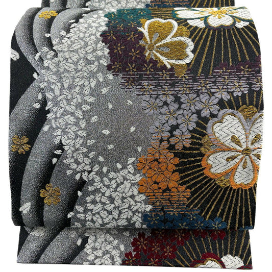 【美品】 袋帶 優品級 櫻花花瓣 金絲 金金箔 黑 六通 純蠶絲