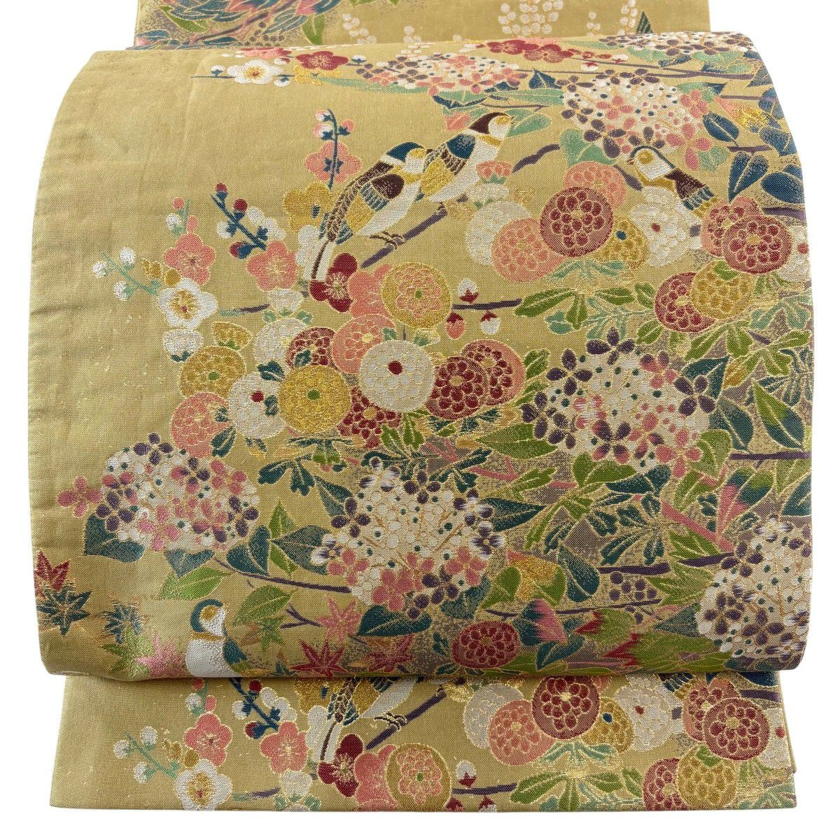 【美品】 袋帶 秀品級 草花紋紋 鳥 金糸 金金箔 抹茶 深藍 六通 純蠶絲