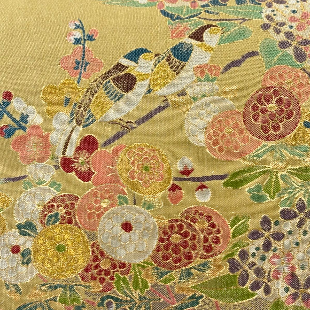 【美品】 袋帶 秀品級 草花紋紋 鳥 金糸 金金箔 抹茶 深藍 六通 純蠶絲