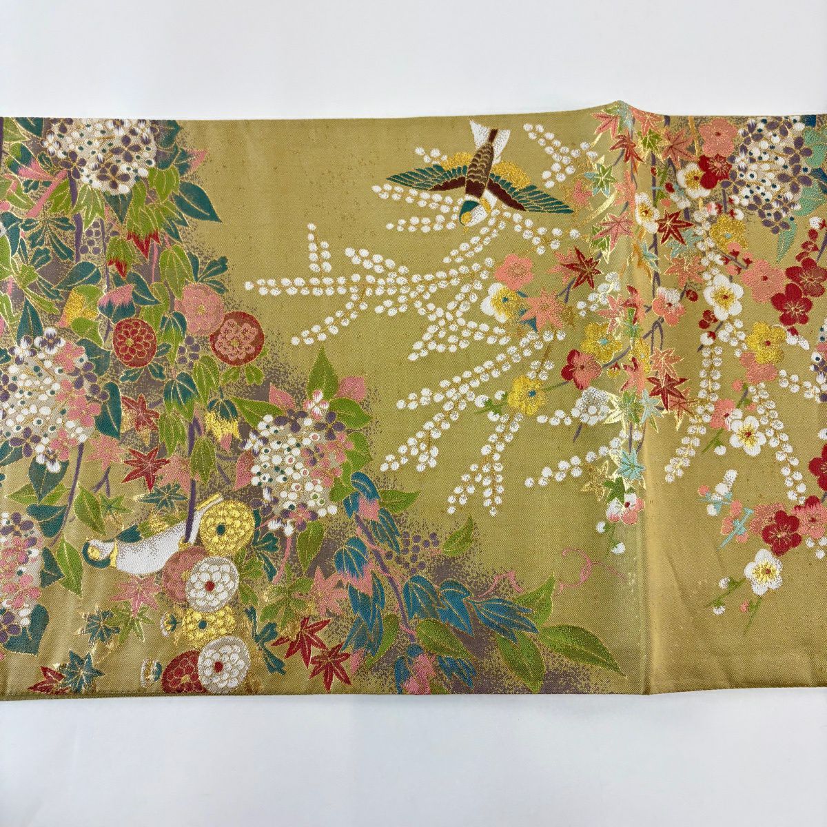 【美品】 袋帶 秀品級 草花紋紋 鳥 金糸 金金箔 抹茶 深藍 六通 純蠶絲
