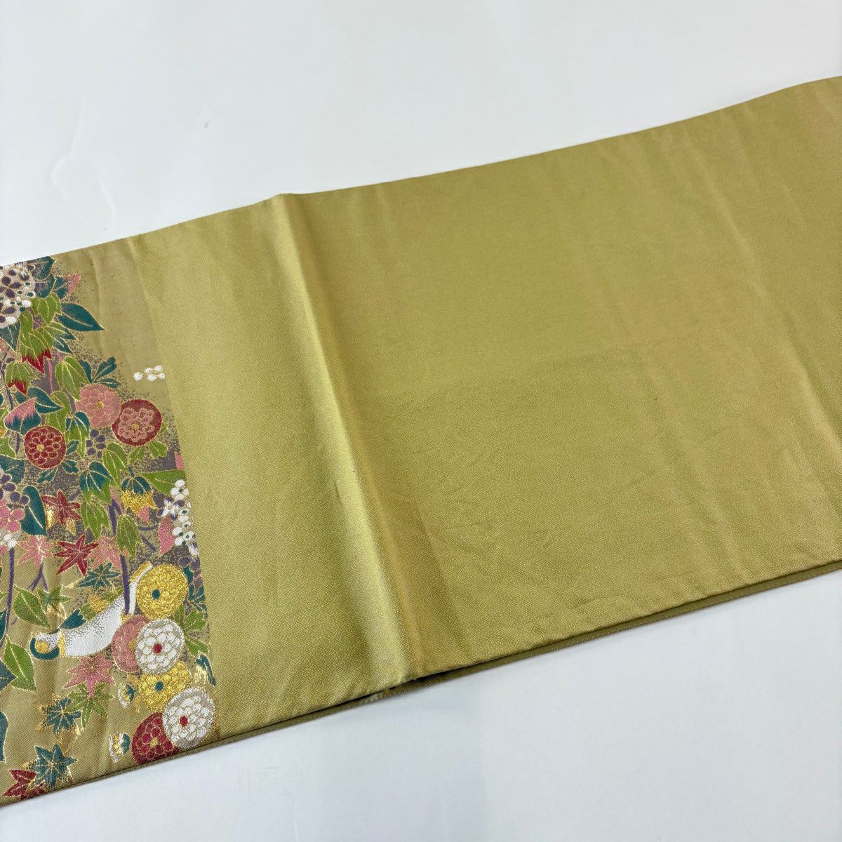 【美品】 袋帶 秀品級 草花紋紋 鳥 金糸 金金箔 抹茶 深藍 六通 純蠶絲
