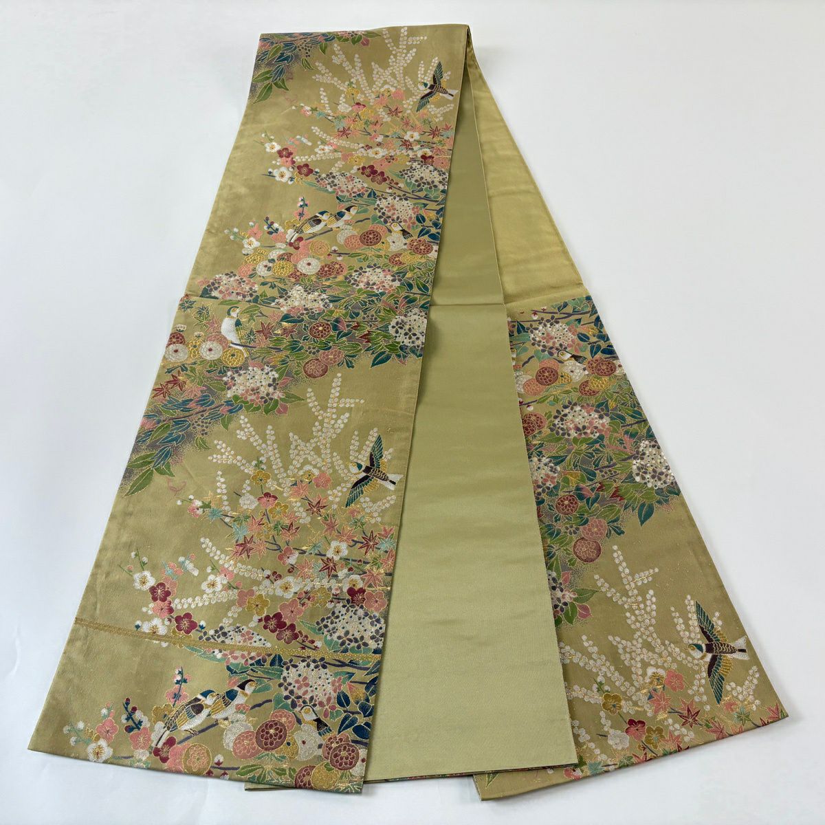 【美品】 袋帶 秀品級 草花紋紋 鳥 金糸 金金箔 抹茶 深藍 六通 純蠶絲
