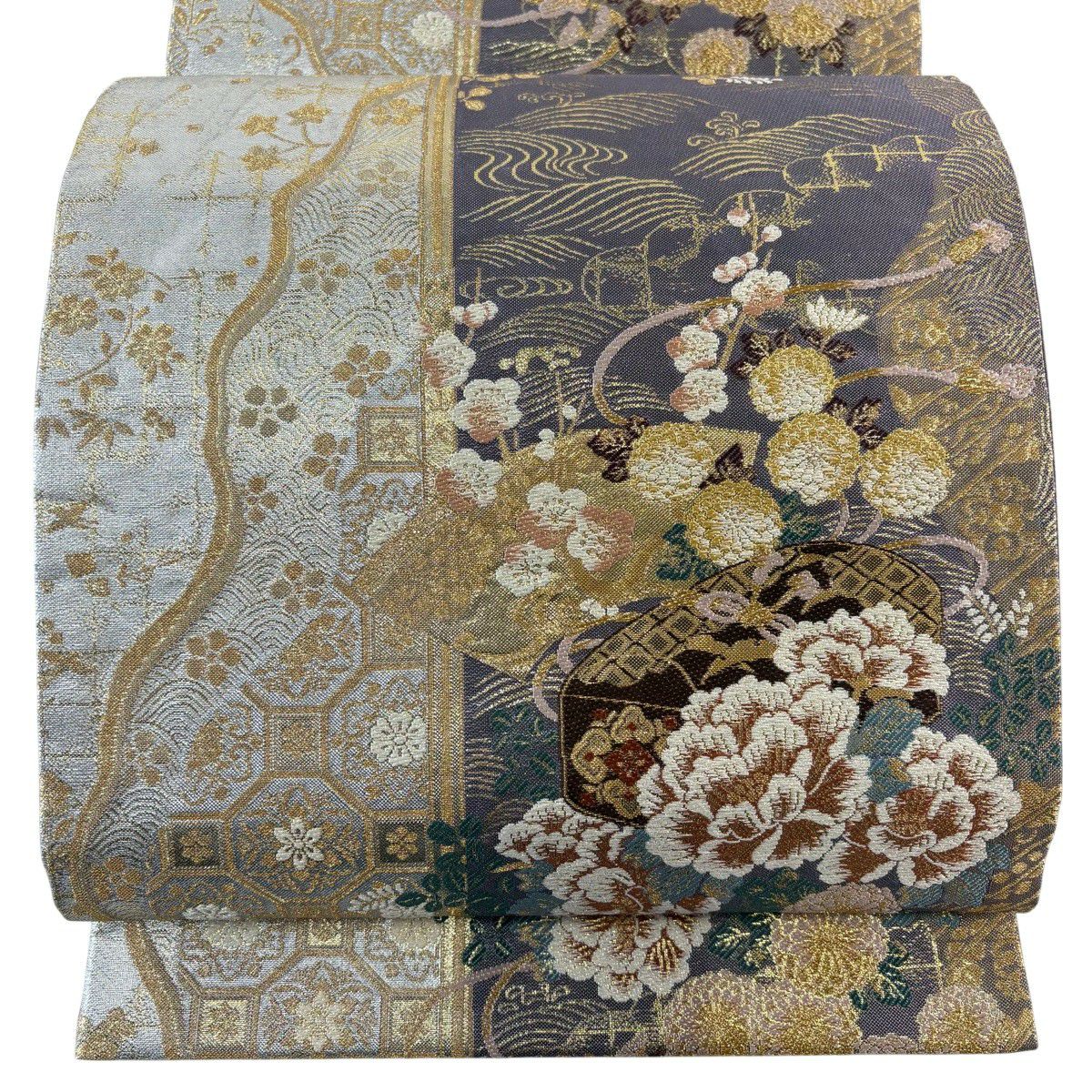 【美品】 袋帶 秀品級 大和 文箱 扇子面 金絲 金金箔 紫 六通 純蠶絲