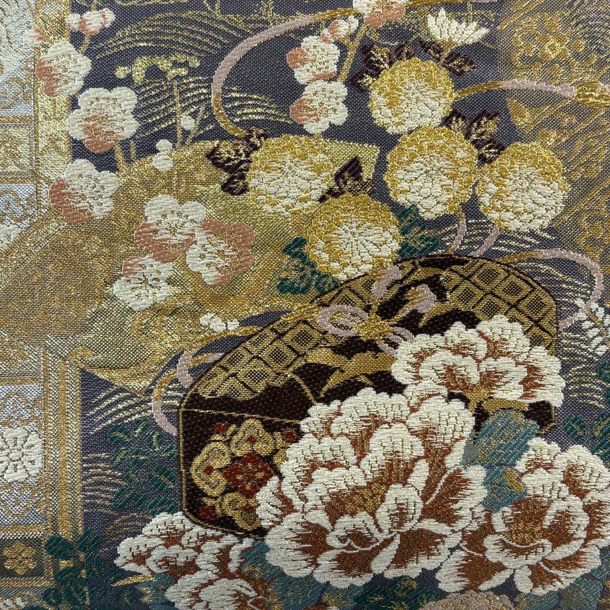 【美品】 袋帶 秀品級 大和 文箱 扇子面 金絲 金金箔 紫 六通 純蠶絲