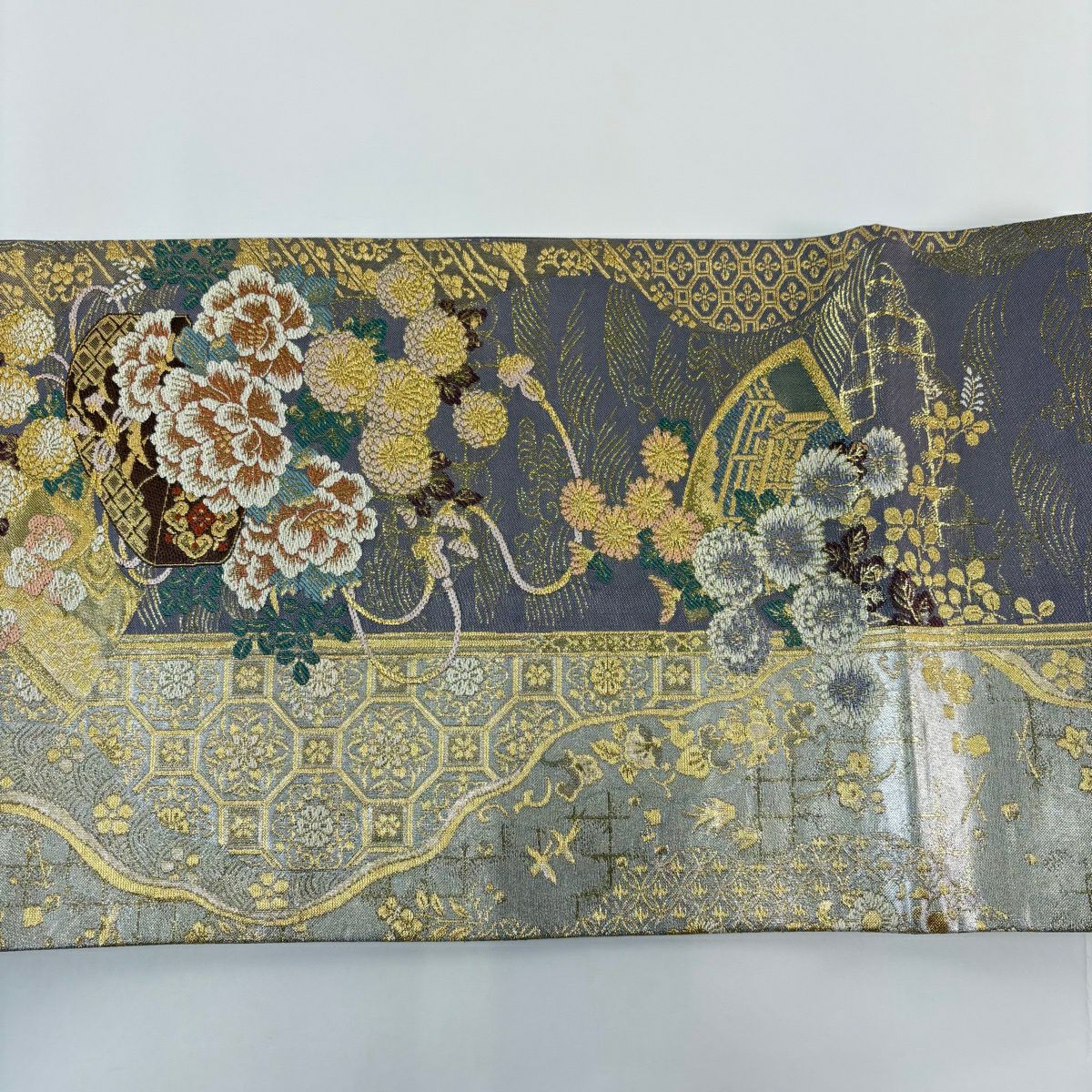 【美品】 袋帶 秀品級 大和 文箱 扇子面 金絲 金金箔 紫 六通 純蠶絲