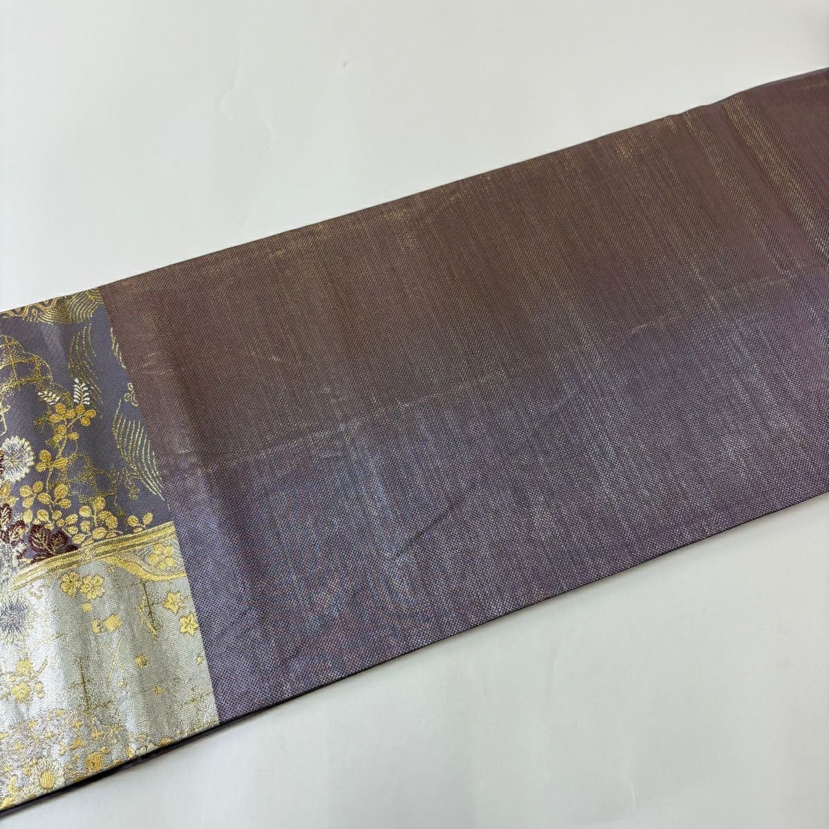 【美品】 袋帶 秀品級 大和 文箱 扇子面 金絲 金金箔 紫 六通 純蠶絲