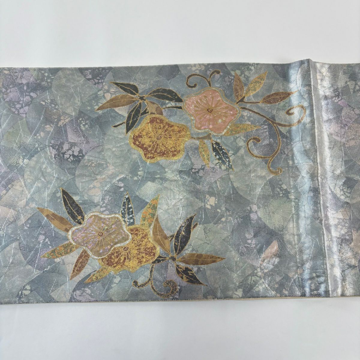 袋帶 秀品級 花唐草紋 螺鈿金金箔 金銀彩 灰 純蠶絲
