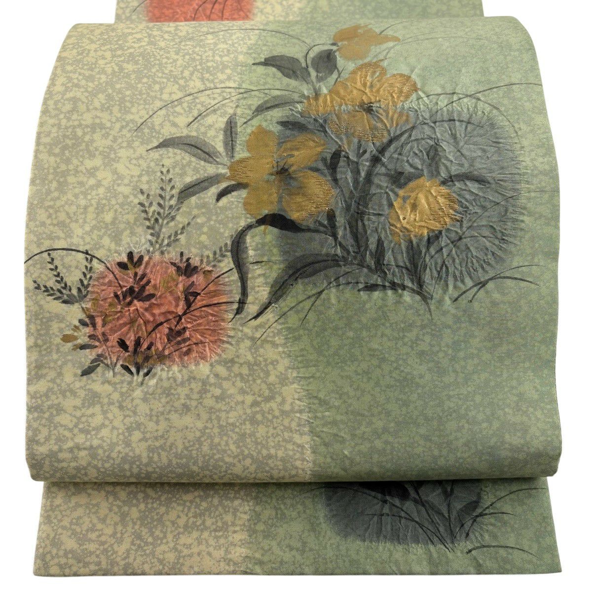 【美品】 袋帶 秀品級 草花紋 金糸 絞染 灰綠 お太鼓柄 純蠶絲