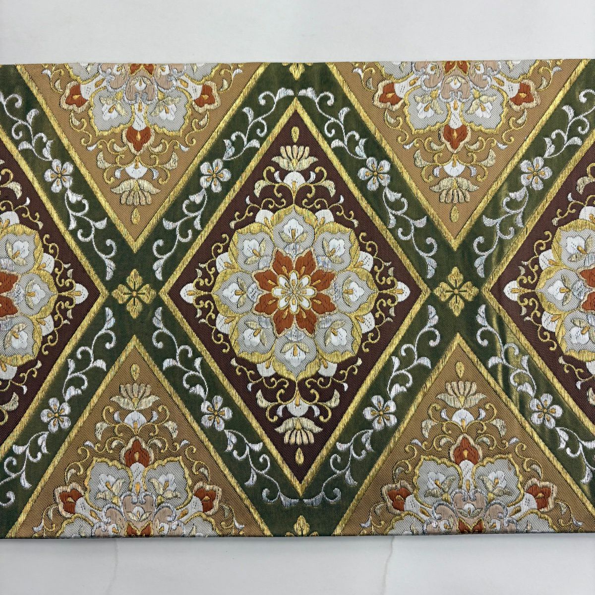 【美品】 袋帶 秀品級 菱 華紋 金金箔 金銀彩 鶯 綠 六通 純蠶絲