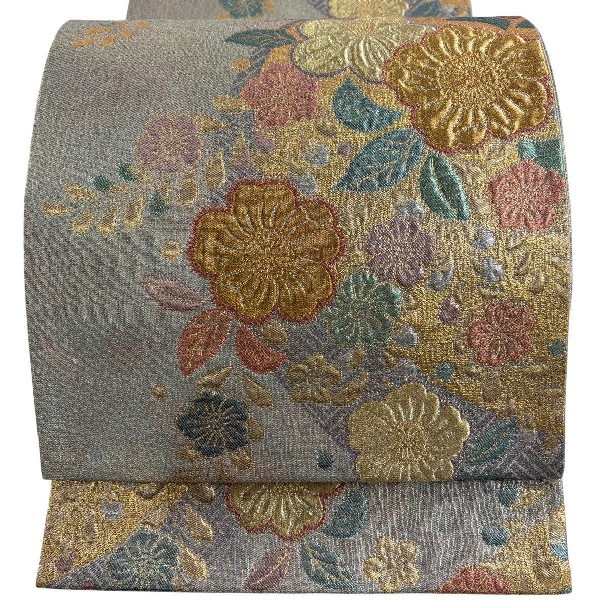 【美品】 袋帶 秀品級 振袖禮服禮服用 辻花染圖案 椿 金金箔 金絲 灰色 六通 純蠶絲