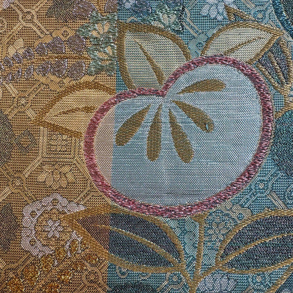 【美品】 袋帶 優品級 振袖禮服禮服用 雪輪 橘 金金箔 金線 金色 六通 純蠶絲
