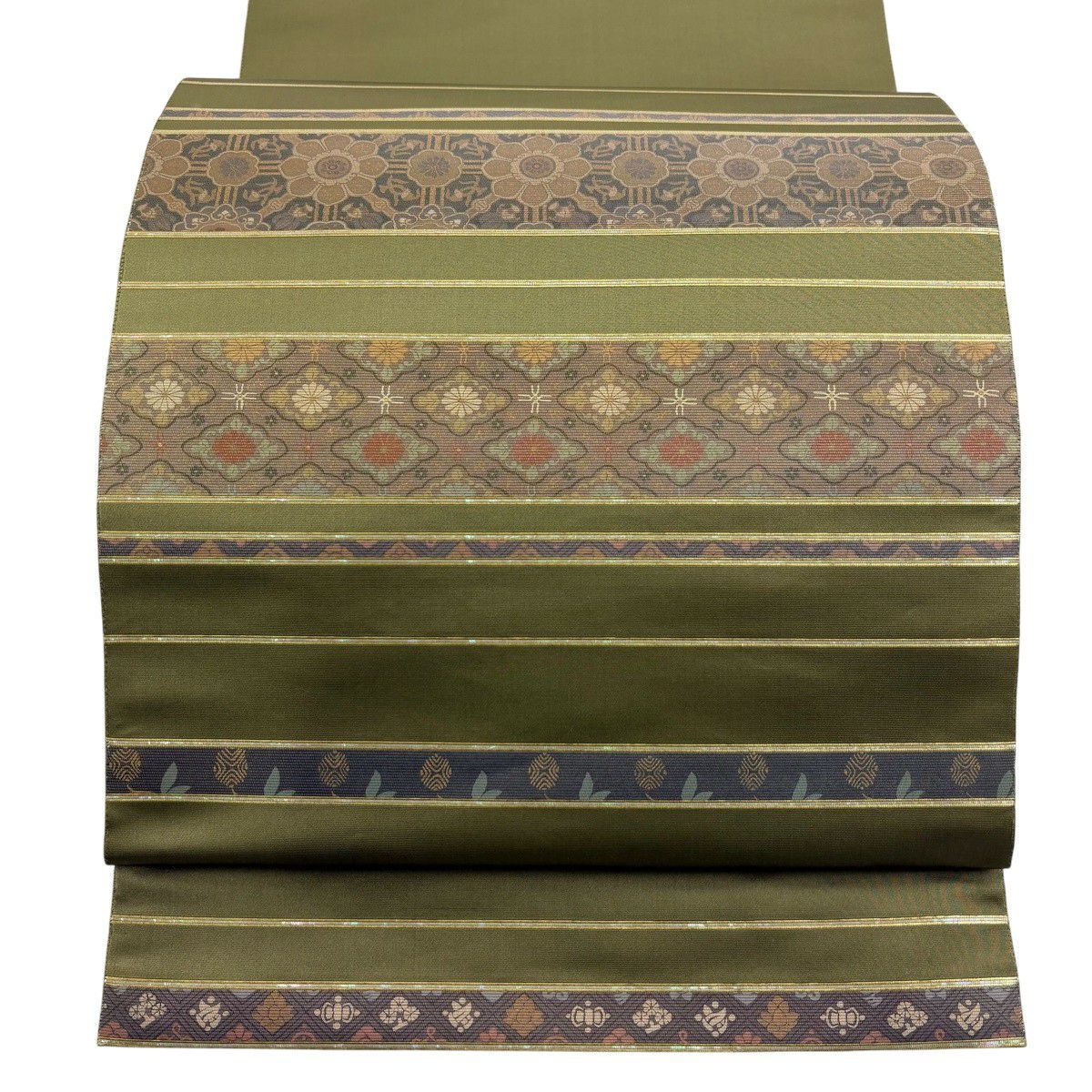 【美品】 袋帶 秀品級 縞花 金金箔 鶯色 大鼓圖案 純蠶絲